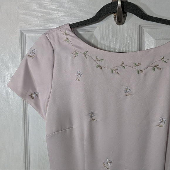 Vintage 80s David‎ Warren Floral Embroidered Baby Pink Satin Maxi Dress Size 12 - Picture 5 of 11